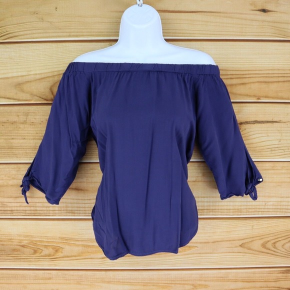 Just Quella Off The Shoulder Blouse Womens XS Dark Blue Cotton Blend 3/4 Sleeves - Picture 1 of 7